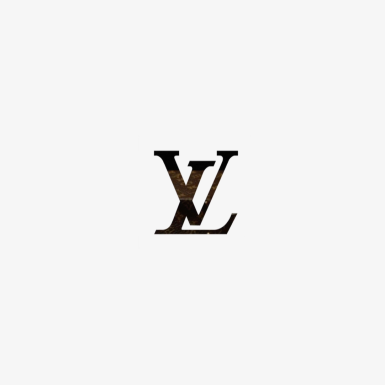 Stylised Louis Vuitton logo in brown and gold on a white background.