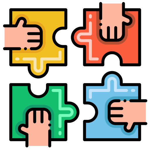 Four colourful puzzle pieces with hands fitting them together.